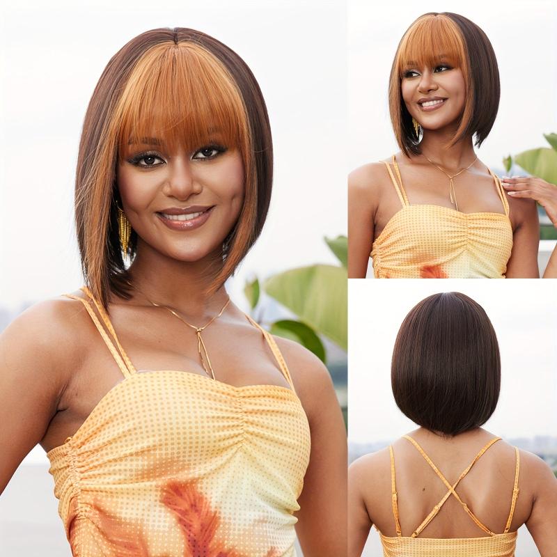 Two Tone Straight Bob Wig With Bangs Natural Synthetic Bob Wig For Women