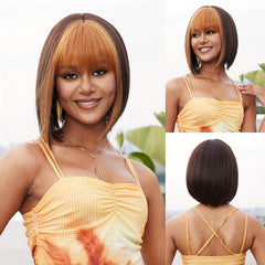 Two Tone Straight Bob Wig With Bangs Natural Synthetic Bob Wig For Women
