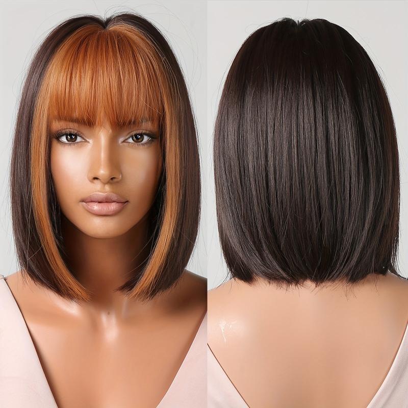 Two Tone Straight Bob Wig With Bangs Natural Synthetic Bob Wig For Women