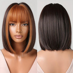 Two Tone Straight Bob Wig With Bangs Natural Synthetic Bob Wig For Women