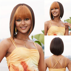 Two Tone Straight Bob Wig With Bangs Natural Synthetic Bob Wig For Women