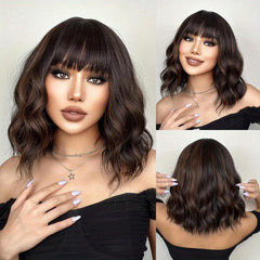 Matte Synthetic Bob Wig with Bangs Rose Net Cap