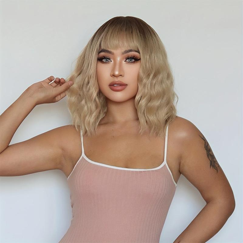 Matte Synthetic Bob Wig with Bangs Rose Net Cap
