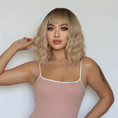 Matte Synthetic Bob Wig with Bangs Rose Net Cap