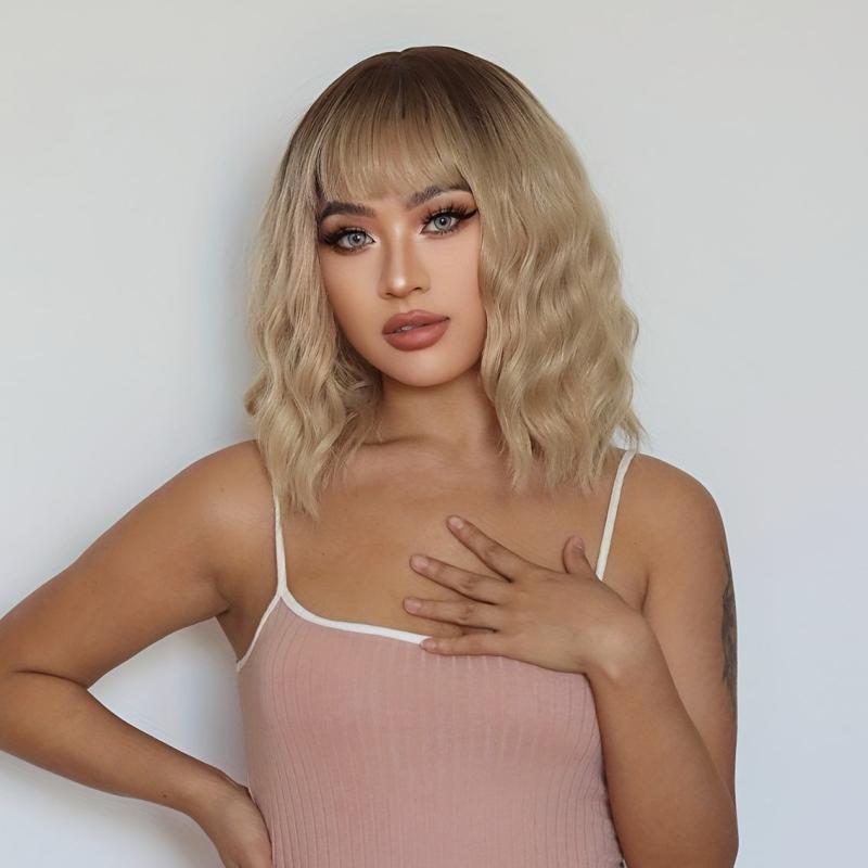 Matte Synthetic Bob Wig with Bangs Rose Net Cap