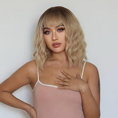 Matte Synthetic Bob Wig with Bangs Rose Net Cap