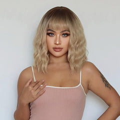 Matte Synthetic Bob Wig with Bangs Rose Net Cap