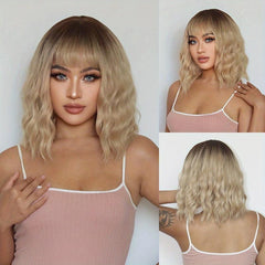 Matte Synthetic Bob Wig with Bangs Rose Net Cap