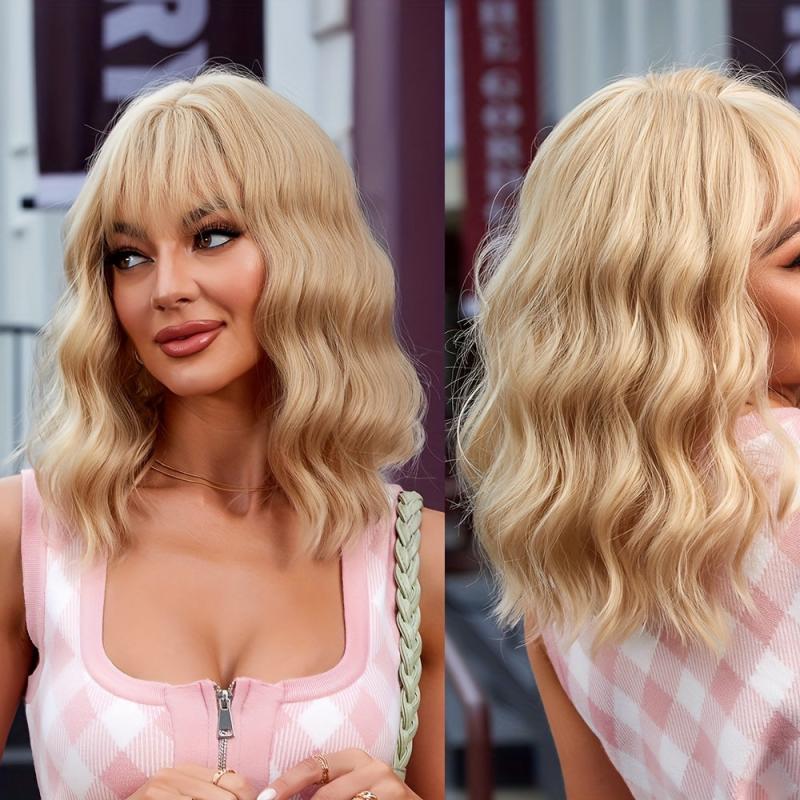 Golden Blonde Shoulder Length Bob Wig with Bangs