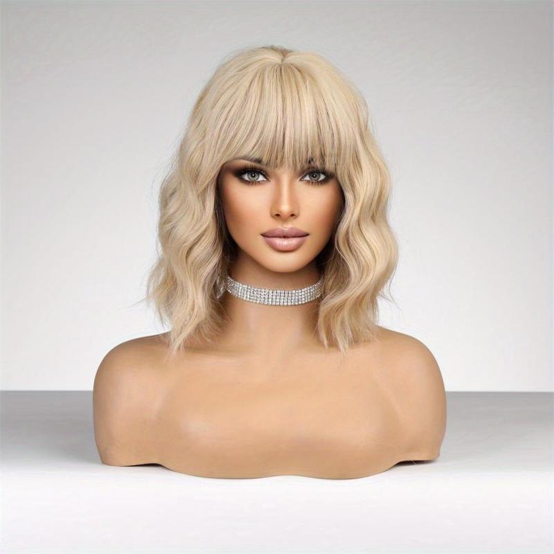 Golden Blonde Shoulder Length Bob Wig with Bangs