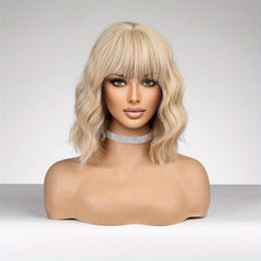 Golden Blonde Shoulder Length Bob Wig with Bangs