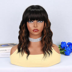 Shoulder Length Ombre Blonde Curly Bob Wig with Bangs