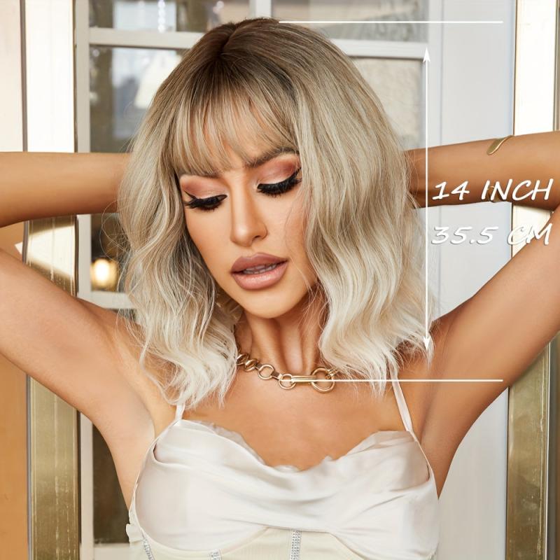 Shoulder Length Ombre Blonde Curly Bob Wig with Bangs