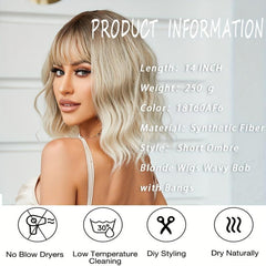 Shoulder Length Ombre Blonde Curly Bob Wig with Bangs