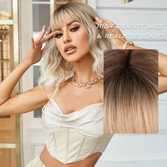 Shoulder Length Ombre Blonde Curly Bob Wig with Bangs