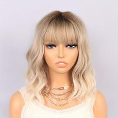 Shoulder Length Ombre Blonde Curly Bob Wig with Bangs