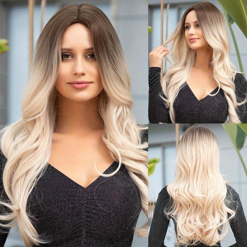 Ombre Ash Blonde Brown Natural Wave Wig Long Hair for Women