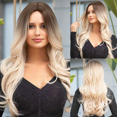 Ombre Ash Blonde Brown Natural Wave Wig Long Hair for Women