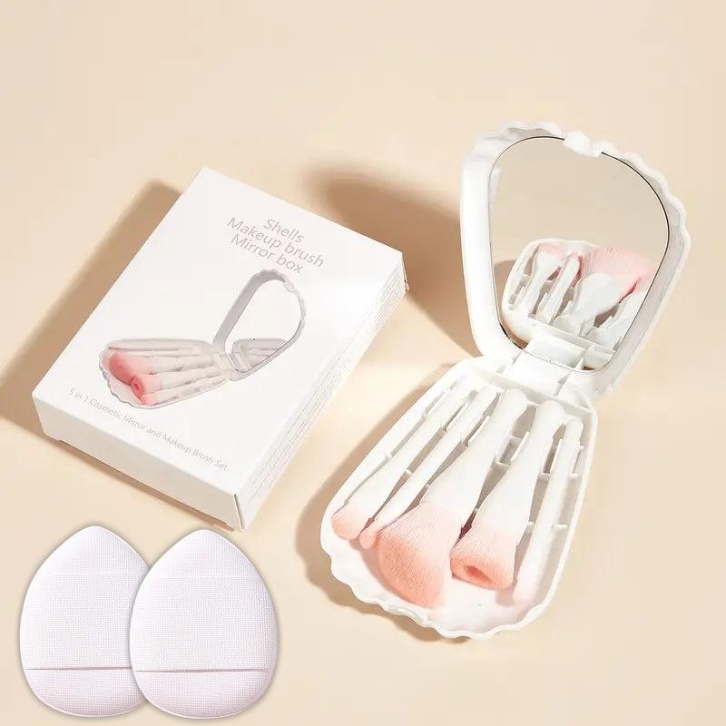 5pcs Makeup Brush Set Shell Storage Box Mirror 2pcs Mini Makeup Puff