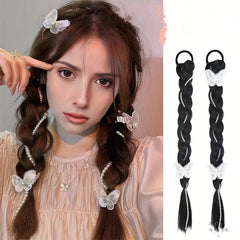 Long Braided Ponytail Extensions Y2K Butterfly Faux Pearl Decor Twist Braid