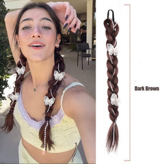Long Braided Ponytail Extensions Y2K Butterfly Faux Pearl Decor Twist Braid