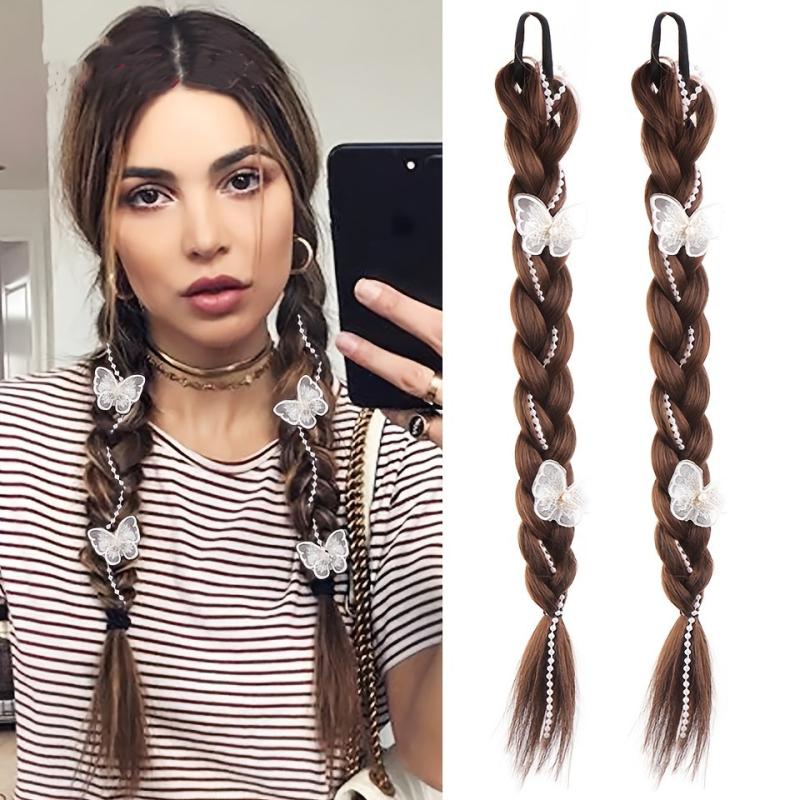 Long Braided Ponytail Extensions Y2K Butterfly Faux Pearl Decor Twist Braid
