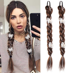 Long Braided Ponytail Extensions Y2K Butterfly Faux Pearl Decor Twist Braid