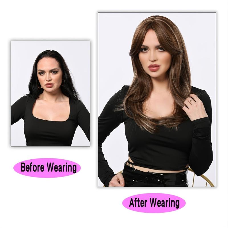 55-88cm Butterfly Haircut Long Ombre Brown Wigs with Bangs Curly Layered
