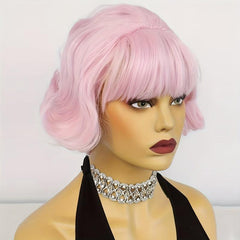 30 48 Cm Pink Short Bob Wavy Curly Hair Wig with Bangs Synthetic Fiber Hair Wig
