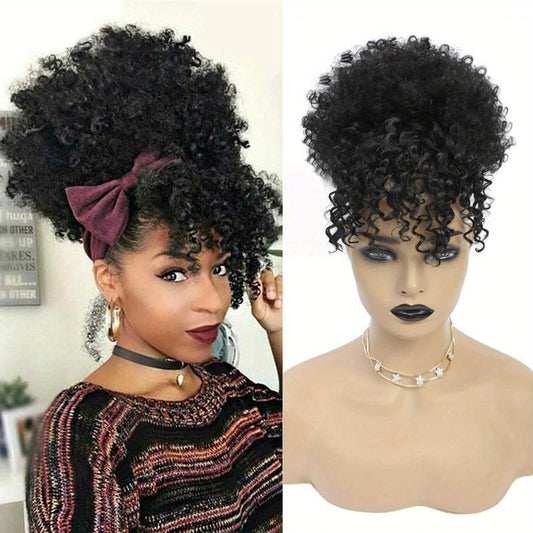 Afro Curly Puff Topper With Hair Bangs Synthetic Clip In