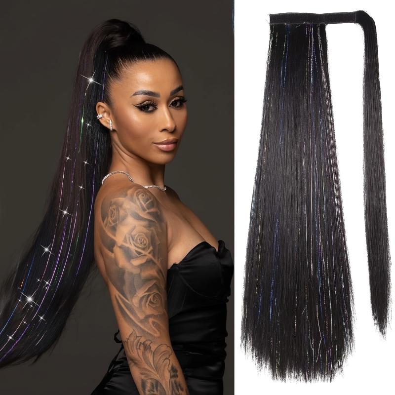 Blonde Ponytail Extension With Hair Tinsel Long Wrap Around Heat Resistant