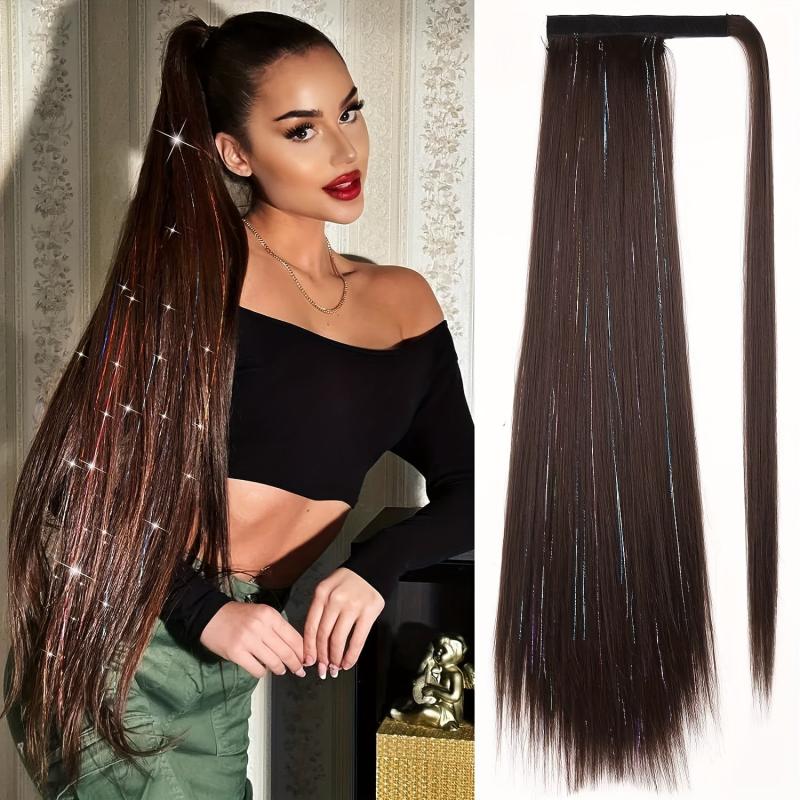 Blonde Ponytail Extension With Hair Tinsel Long Wrap Around Heat Resistant