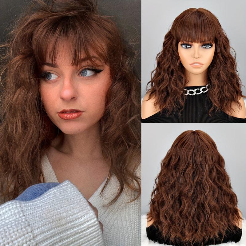 Water Wave Hair Wigs With Bangs Synthetic Rose Net Hair Wigs for Women