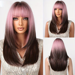 Ombre to Deep Brown Straight Hair with Bangs Wig for Women Girls