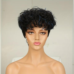 Short Curly Human Hair Wig with Bangs 180 Density