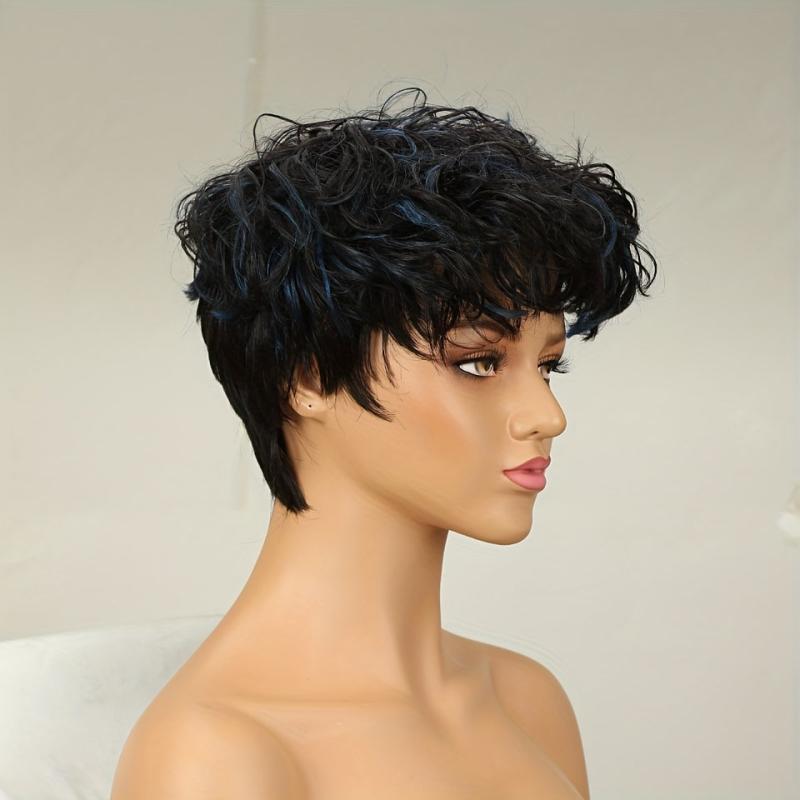 Short Curly Human Hair Wig with Bangs 180 Density