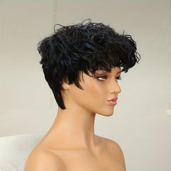 Short Curly Human Hair Wig with Bangs 180 Density