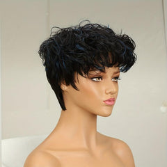 Short Curly Human Hair Wig with Bangs 180 Density