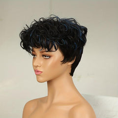 Short Curly Human Hair Wig with Bangs 180 Density