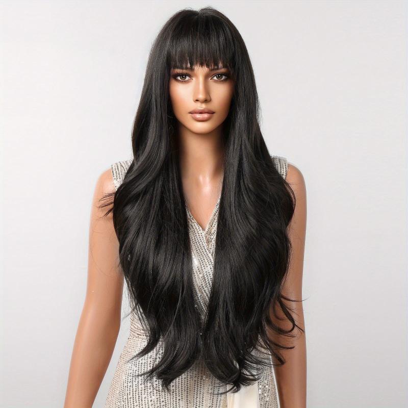 Long Curly Wavy Wig with Bangs Synthetic Rose Net Wigs for Women Girls