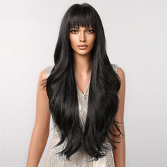 Long Curly Wavy Wig with Bangs Synthetic Rose Net Wigs for Women Girls