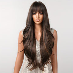 Long Curly Wavy Wig with Bangs Synthetic Rose Net Wigs for Women Girls