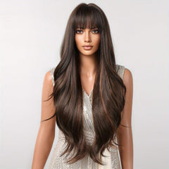 Long Curly Wavy Wig with Bangs Synthetic Rose Net Wigs for Women Girls