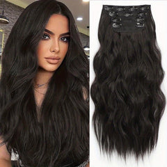 4pcs Long Wavy Synthetic Hair Extension 50.8cm Dark Brown Thick Double Weft Hair