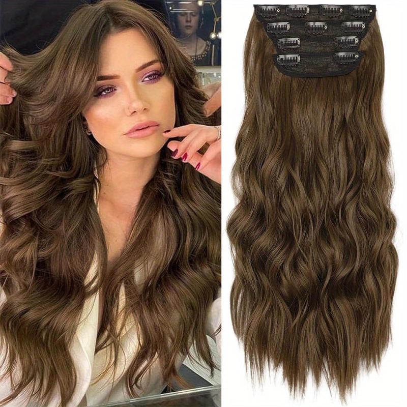 4pcs Long Wavy Synthetic Hair Extension 50.8cm Dark Brown Thick Double Weft Hair