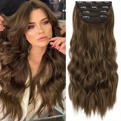 4pcs Long Wavy Synthetic Hair Extension 50.8cm Dark Brown Thick Double Weft Hair