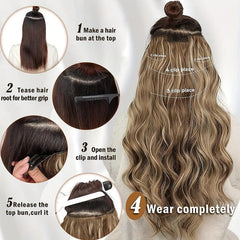 4pcs Long Wavy Synthetic Hair Extension 50.8cm Dark Brown Thick Double Weft Hair