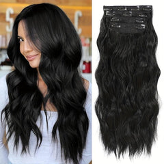 4pcs Long Wavy Synthetic Hair Extension 50.8cm Dark Brown Thick Double Weft Hair