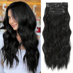 4pcs Long Wavy Synthetic Hair Extension 50.8cm Dark Brown Thick Double Weft Hair