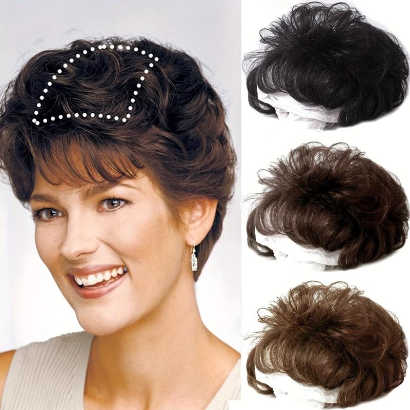 Curly Hair Topper W/Bangs Seamless Clip-In Synthetic Hair Piece Natural Look